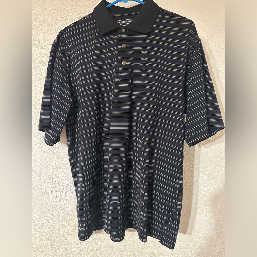 Pebble Beach Performance Men Striped Black/Blue/Tan Pima Cotton Polo Shirt SizeL